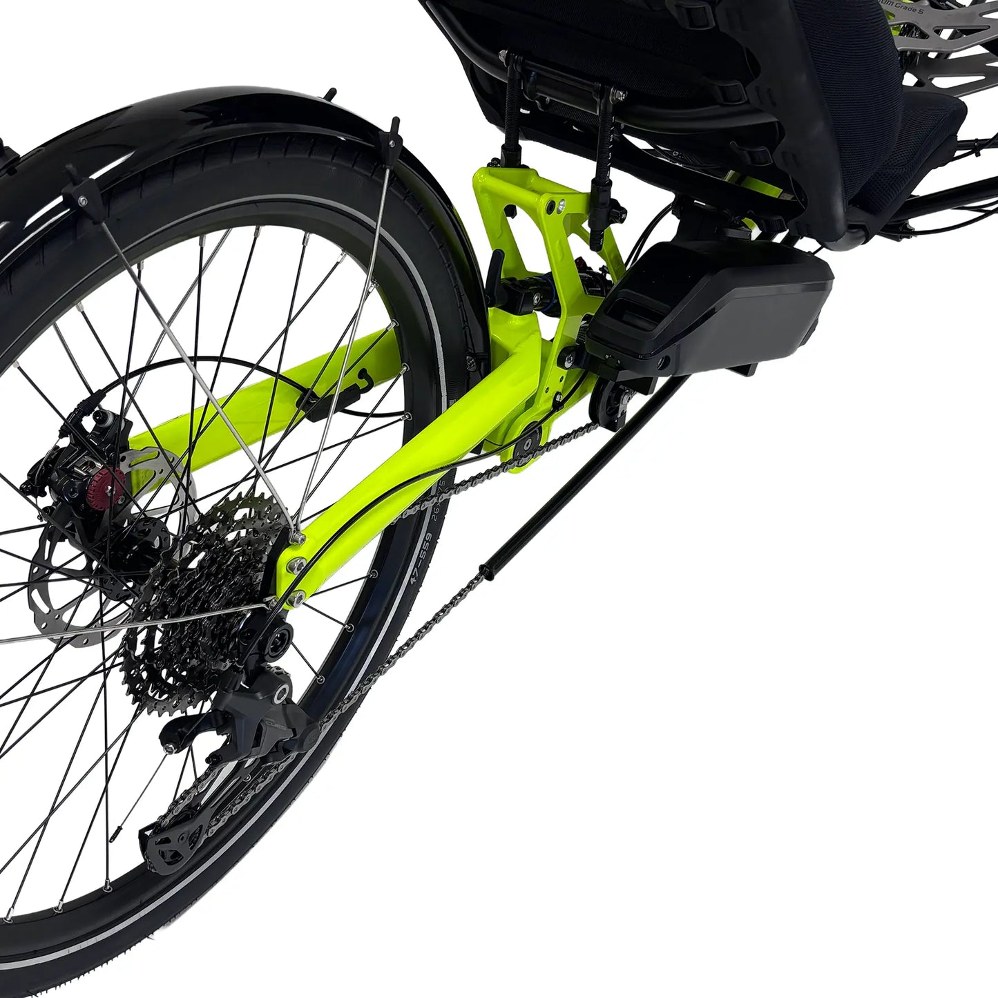 Closeup rear view of the Azub Ti-Fly 26 with Bosch e-Assist Neon Yellow Recumbent Trike against a white background.