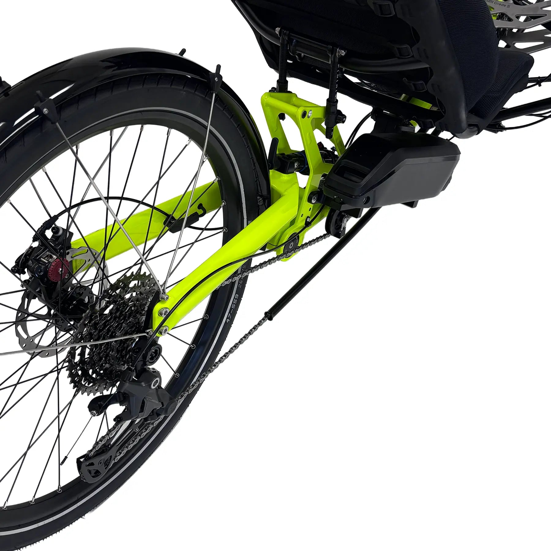 Closeup rear view of the Azub Ti-Fly 26 with Bosch e-Assist Neon Yellow Recumbent Trike against a white background.