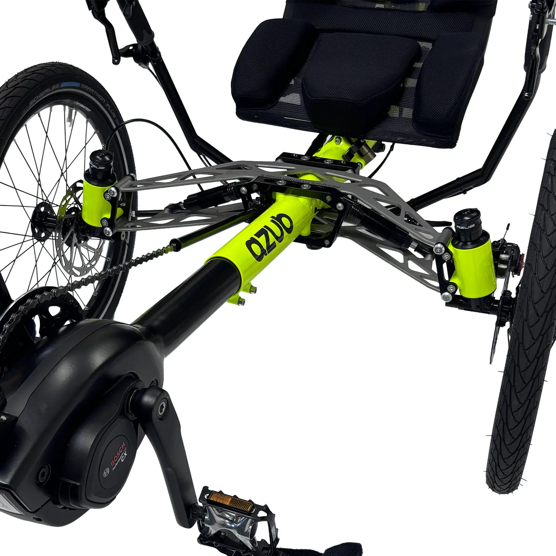 Front closeup view of the Azub Ti-Fly 26 with Bosch e-Assist Neon Yellow Recumbent Trike against a white background.