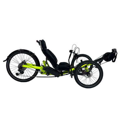 Side view of the Azub Ti-Fly 26 with Bosch e-Assist Neon Yellow Recumbent Trike against a white background.