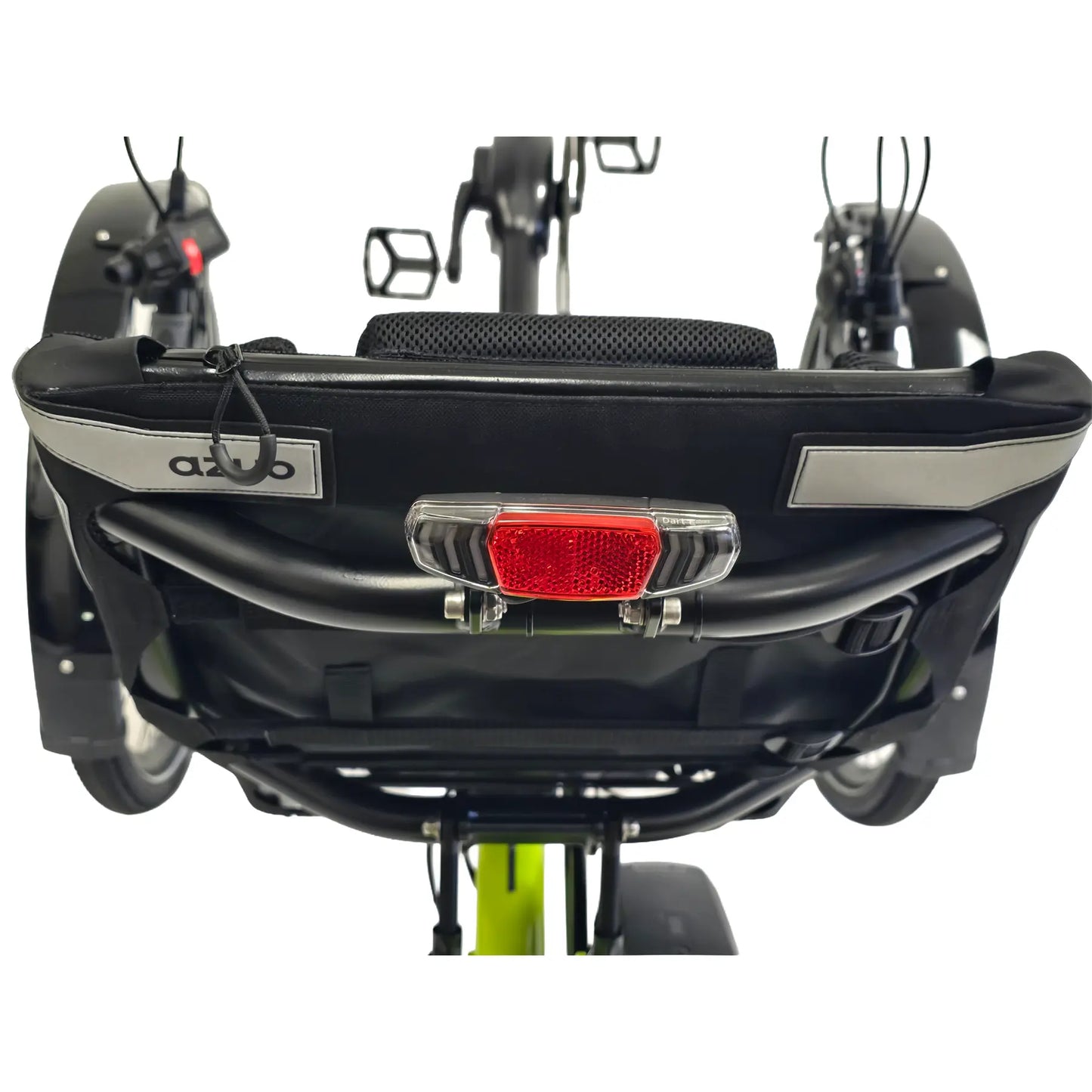 Closeup view of the seat back and taillight on the Azub Ti-Fly X  Bosch Performance CX 10 Speed Cues Neon Shiny Yellow Recumbent Trike against a white background.