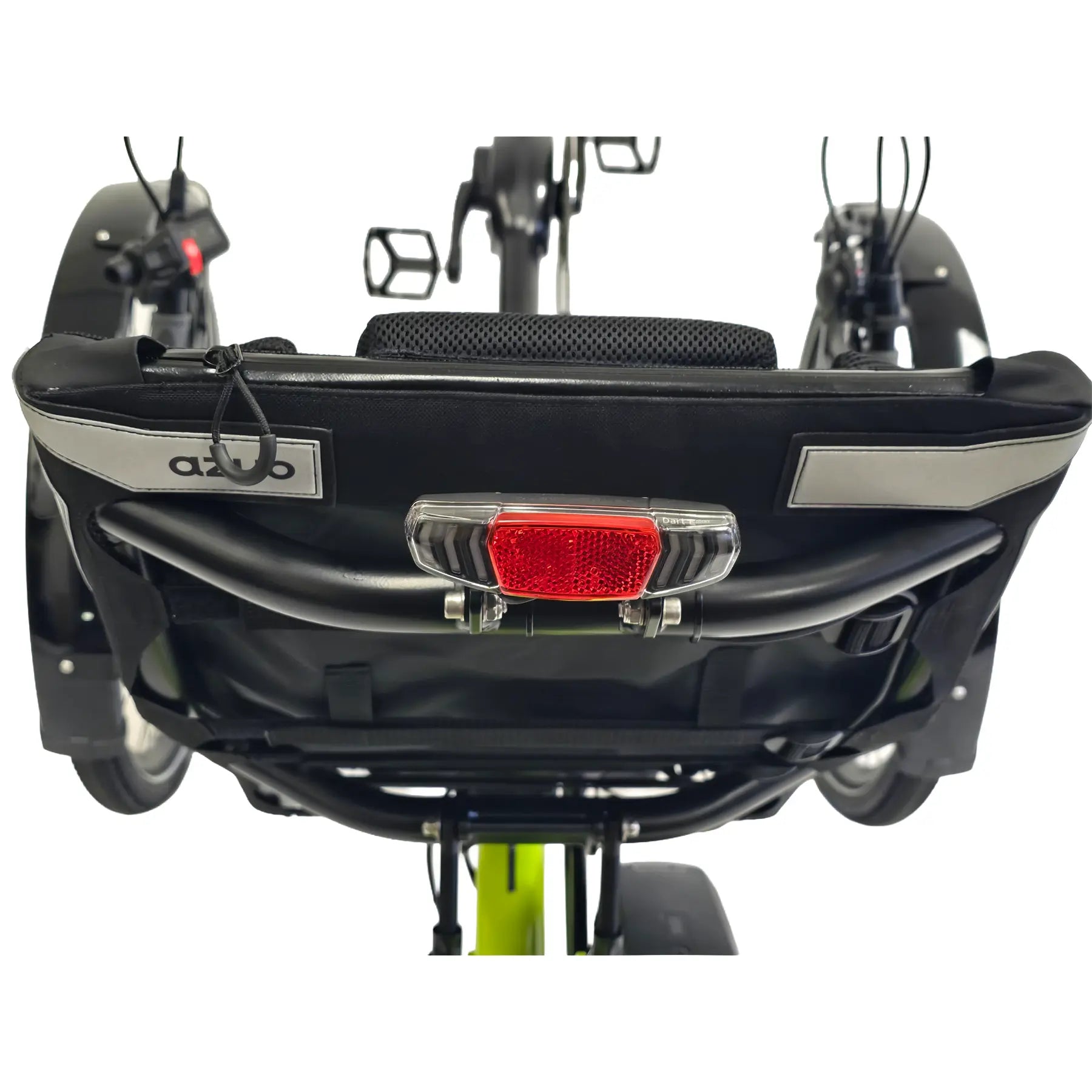 Closeup view of the seat back and taillight on the Azub Ti-Fly X  Bosch Performance CX 10 Speed Cues Neon Shiny Yellow Recumbent Trike against a white background.