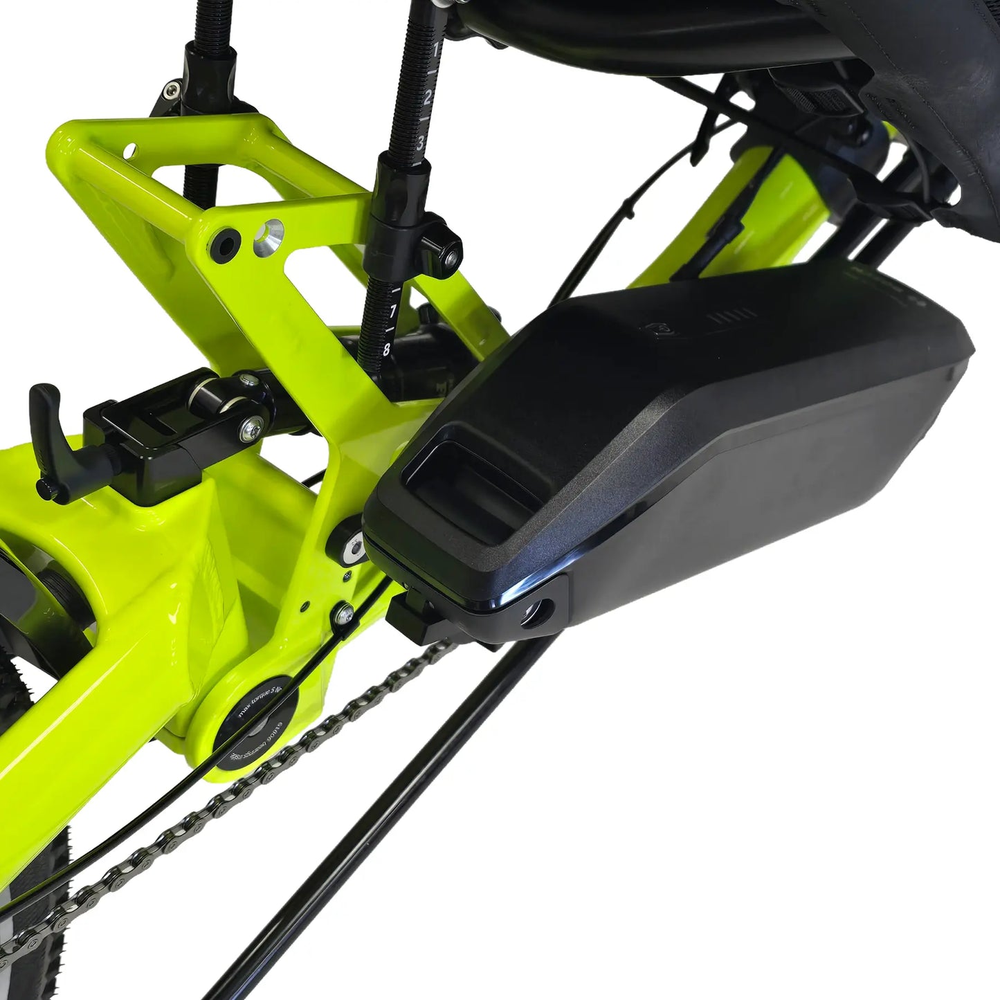 Closeup view of the Bosch battery on the Azub Ti-Fly X  Bosch Performance CX 10 Speed Cues Neon Shiny Yellow Recumbent Trike against a white background.