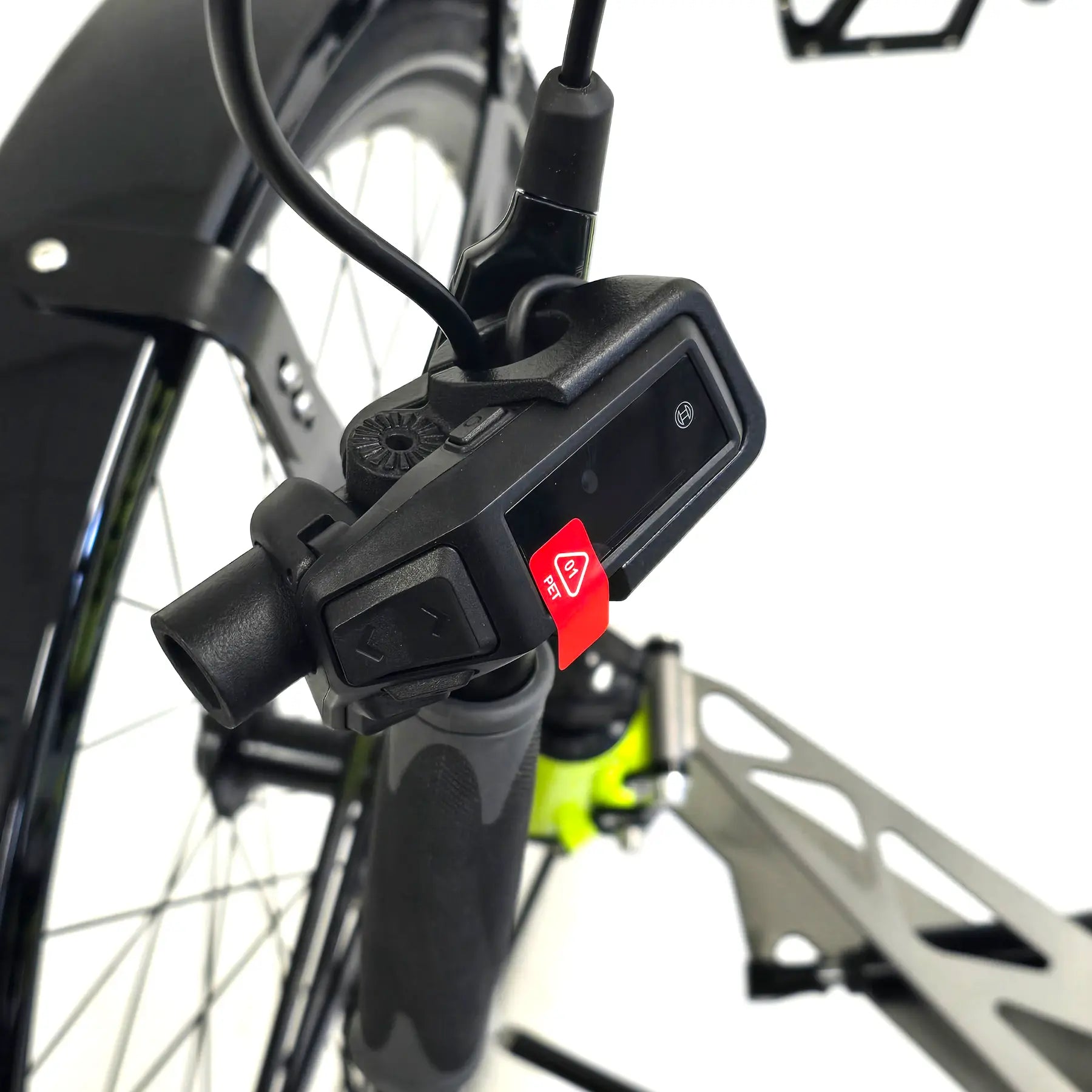 Closeup view of the Bosch controller display on the Azub Ti-Fly X  Bosch Performance CX 10 Speed Cues Neon Shiny Yellow Recumbent Trike against a white background.