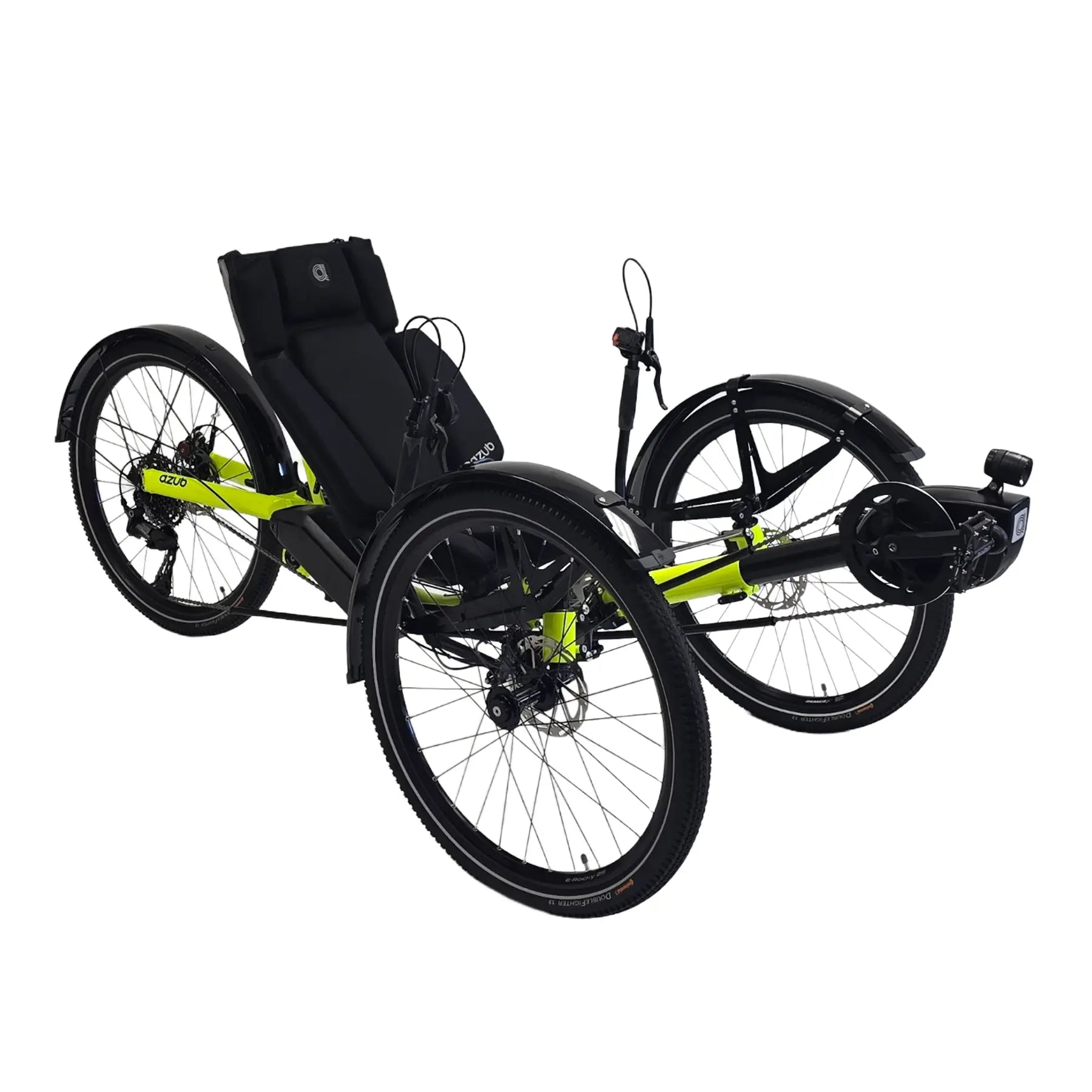 Angled side view of the Azub Ti-Fly X Bosch Performance CX 10 Speed Cues Neon Shiny Yellow Recumbent Trike against a white background.