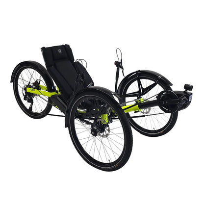 Angled side view of the Azub Ti-Fly X Bosch Performance CX 10 Speed Cues Neon Shiny Yellow Recumbent Trike against a white background.