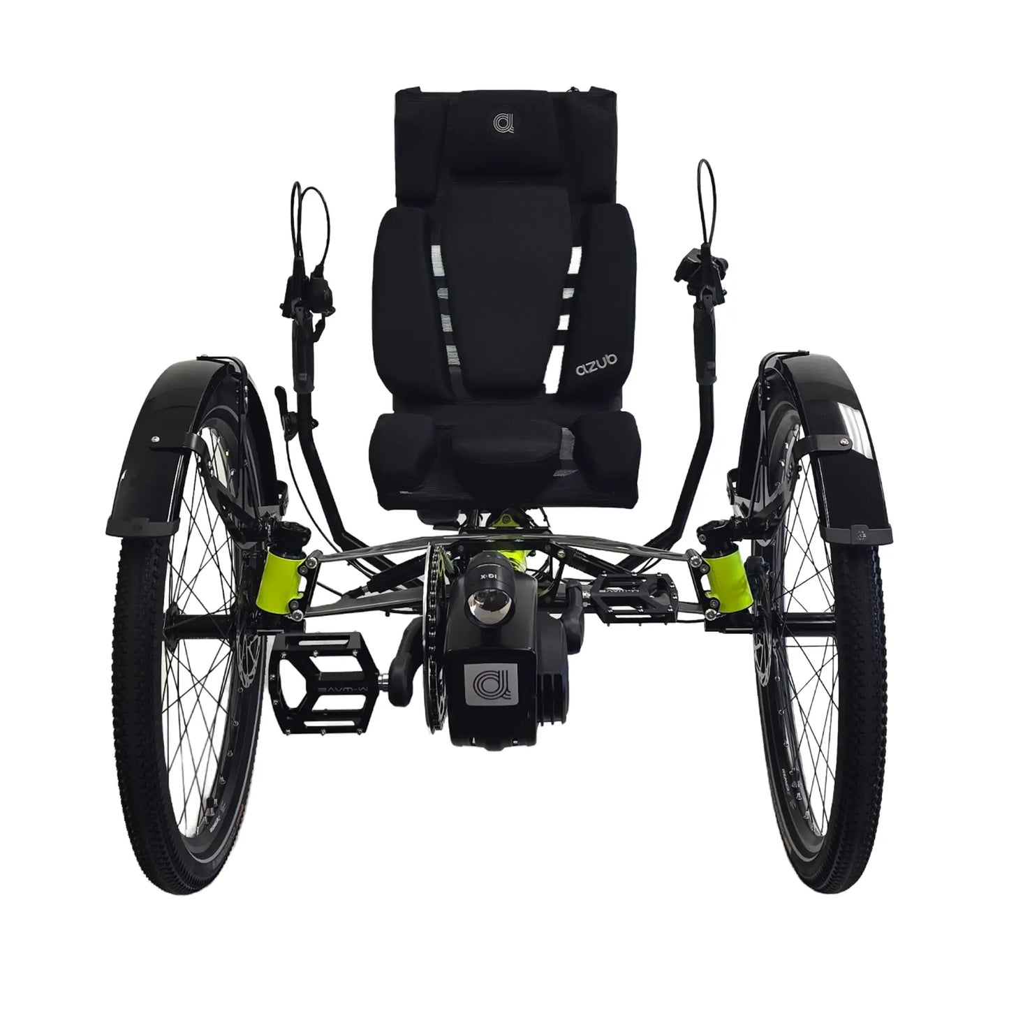 Front view of the Azub Ti-Fly X Bosch Performance CX 10 Speed Cues Neon Shiny Yellow Recumbent Trike against a white background.