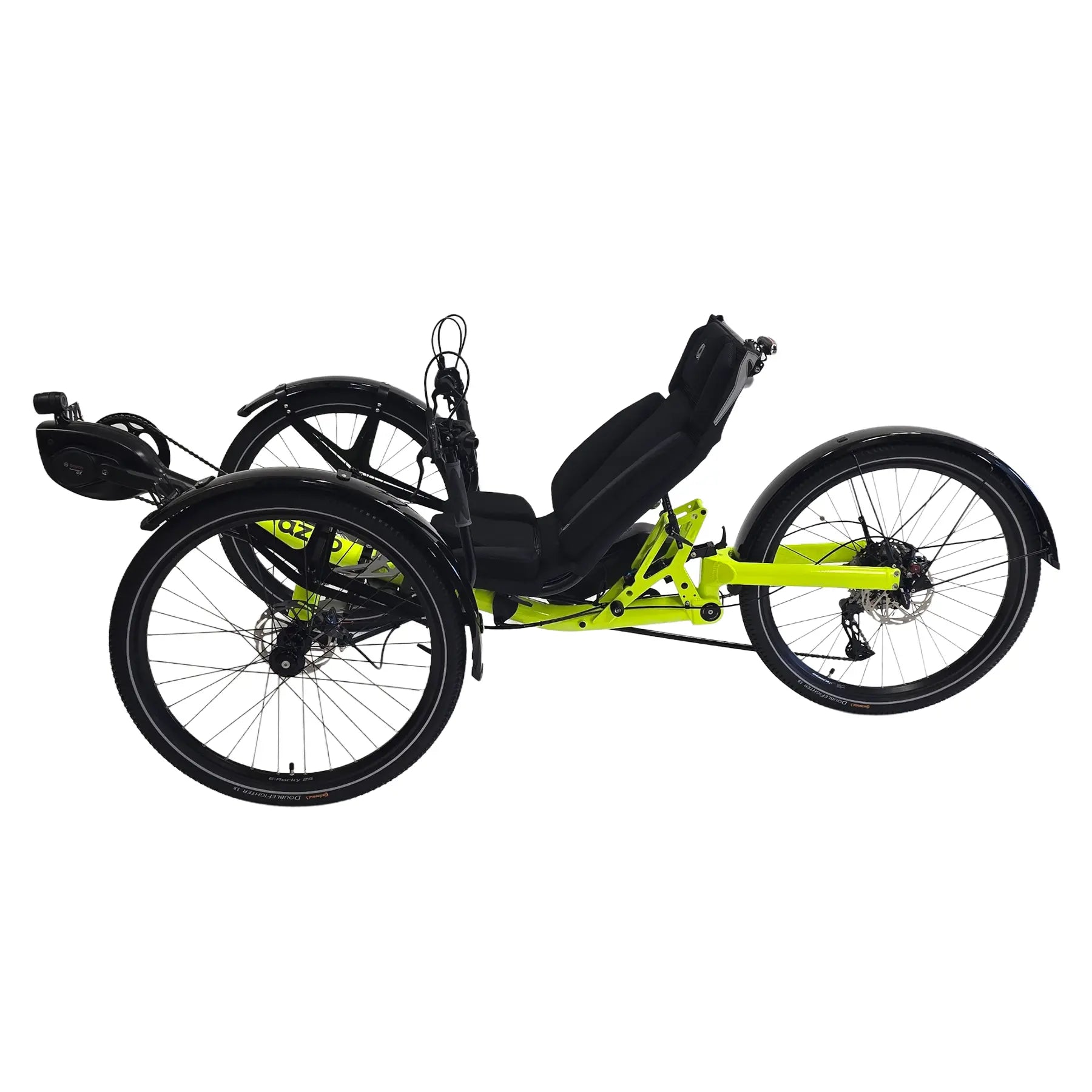Non-drive side view of the Azub Ti-Fly X  Bosch Performance CX 10 Speed Cues Neon Shiny Yellow Recumbent Trike against a white background.