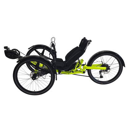 Non-drive side view of the Azub Ti-Fly X  Bosch Performance CX 10 Speed Cues Neon Shiny Yellow Recumbent Trike against a white background.