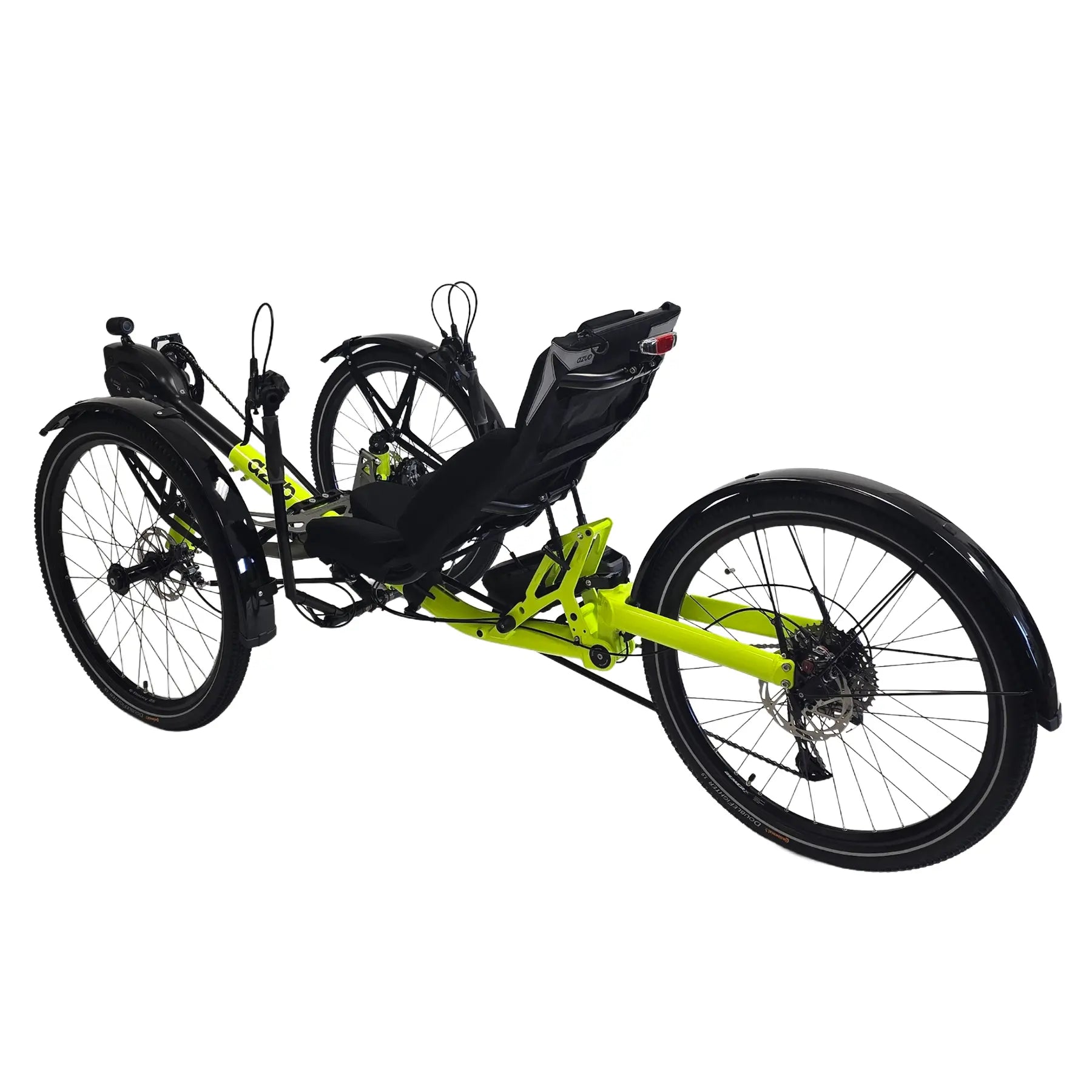 Rear angled view of the Azub Ti-Fly X  Bosch Performance CX 10 Speed Cues Neon Shiny Yellow Recumbent Trike against a white background.11