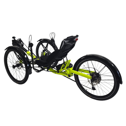 Rear angled view of the Azub Ti-Fly X  Bosch Performance CX 10 Speed Cues Neon Shiny Yellow Recumbent Trike against a white background.11