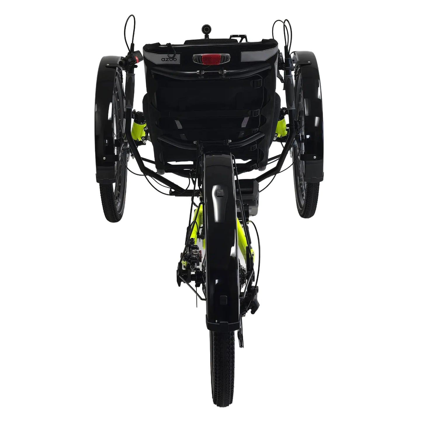 Rear view of the Azub Ti-Fly X  Bosch Performance CX 10 Speed Cues Neon Shiny Yellow Recumbent Trike against a white background.