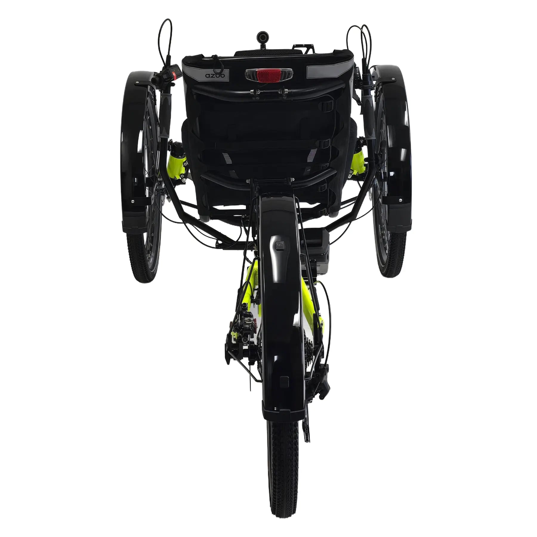 Rear view of the Azub Ti-Fly X  Bosch Performance CX 10 Speed Cues Neon Shiny Yellow Recumbent Trike against a white background.