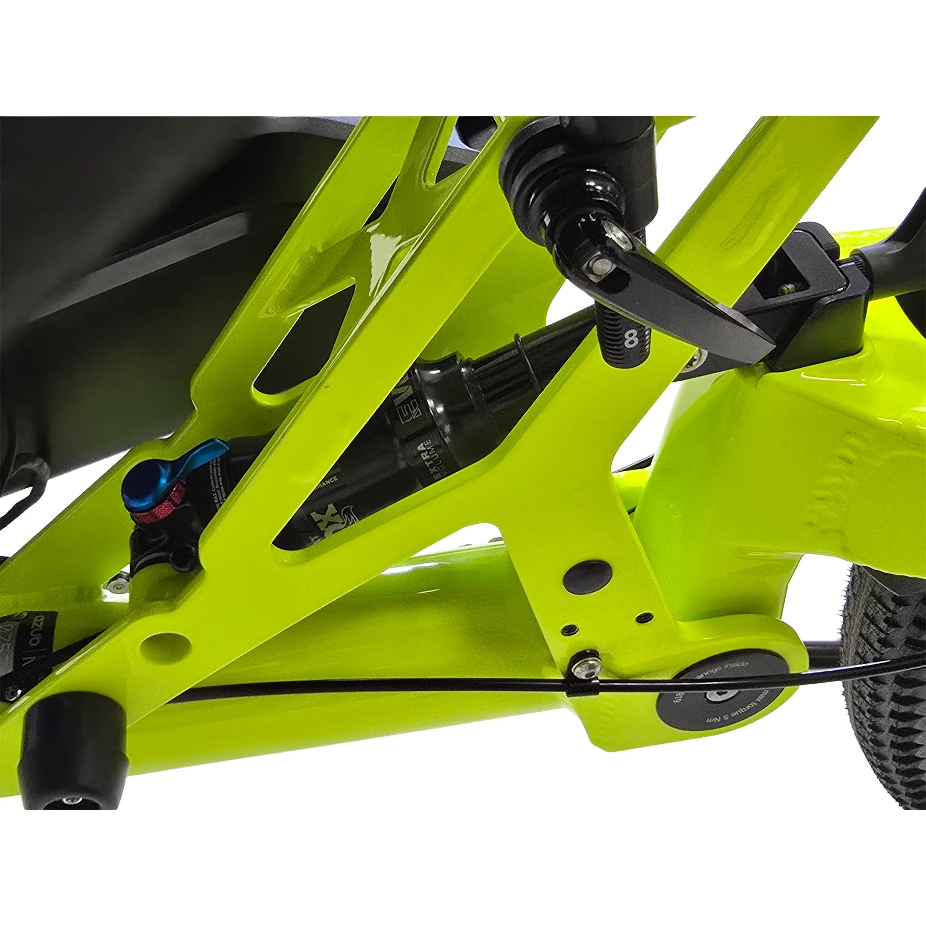 Closeup view of the Fox rear shock on the Azub Ti-Fly X  Bosch Performance CX 10 Speed Cues Neon Shiny Yellow Recumbent Trike against a white background.