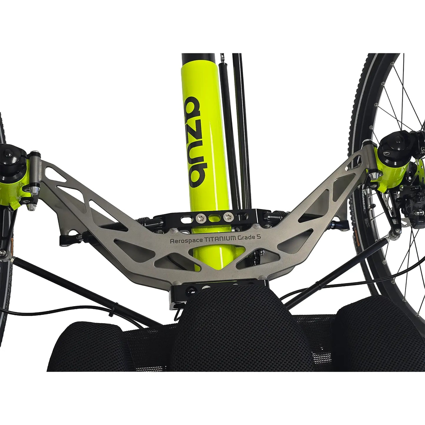 Closeup view of the titanium front suspension on the Azub Ti-Fly X  Bosch Performance CX 10 Speed Cues Neon Shiny Yellow Recumbent Trike against a white background.