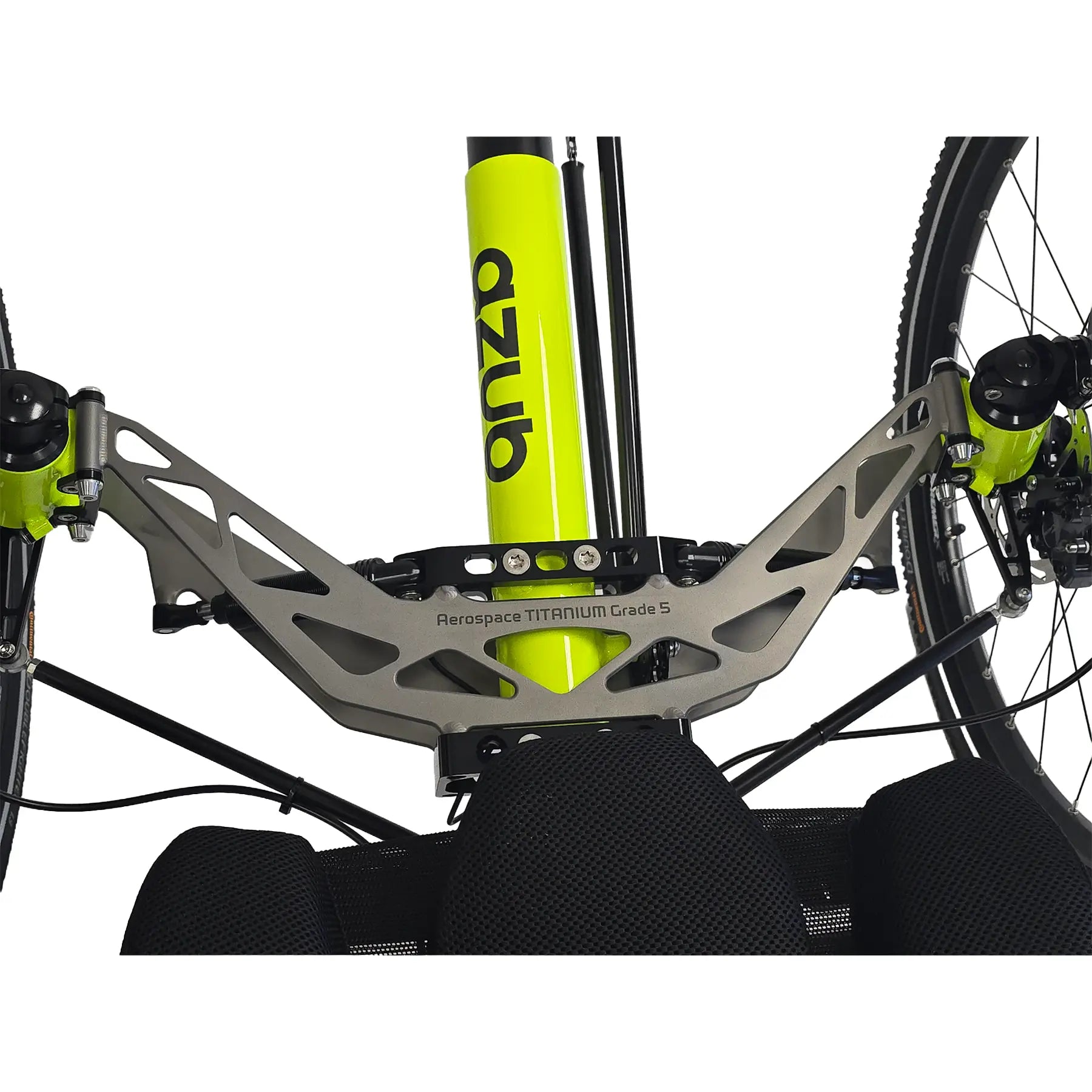 Closeup view of the titanium front suspension on the Azub Ti-Fly X  Bosch Performance CX 10 Speed Cues Neon Shiny Yellow Recumbent Trike against a white background.