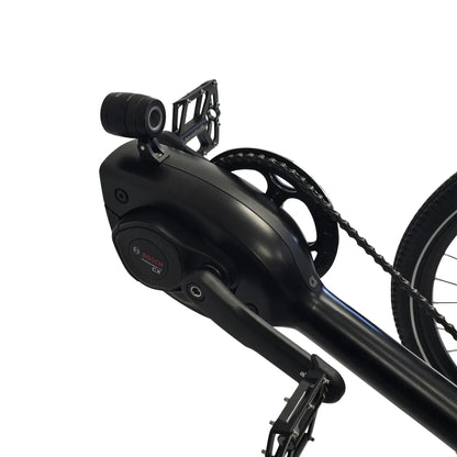 Closeup view of the Bosch Performance CX motor on the Azub Ti-Fly X  Bosch Performance CX 10 Speed Cues Neon Shiny Yellow Recumbent Trike against a white background.