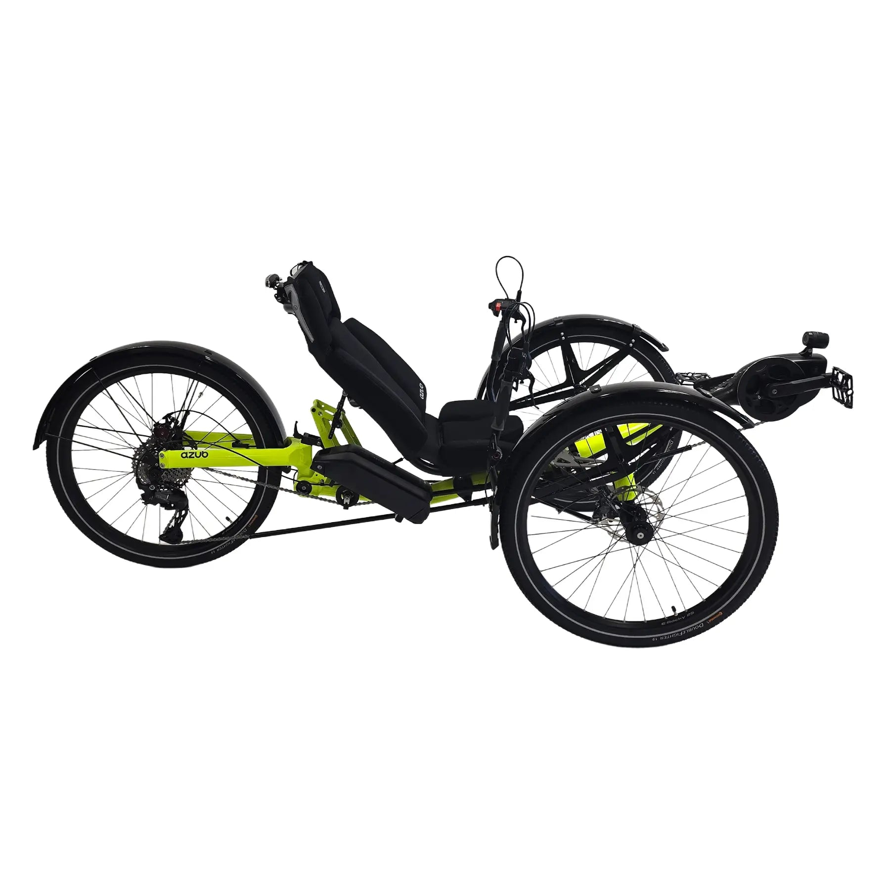 Side view of the Azub Ti-Fly X Bosch Performance CX 10 Speed Cues Neon Shiny Yellow Recumbent Trike against a white background.