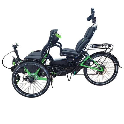 View of the BamBuk Independent Bosch Performance CX Recumbent Tandem Trike collapsed in it's shortest position for transport.