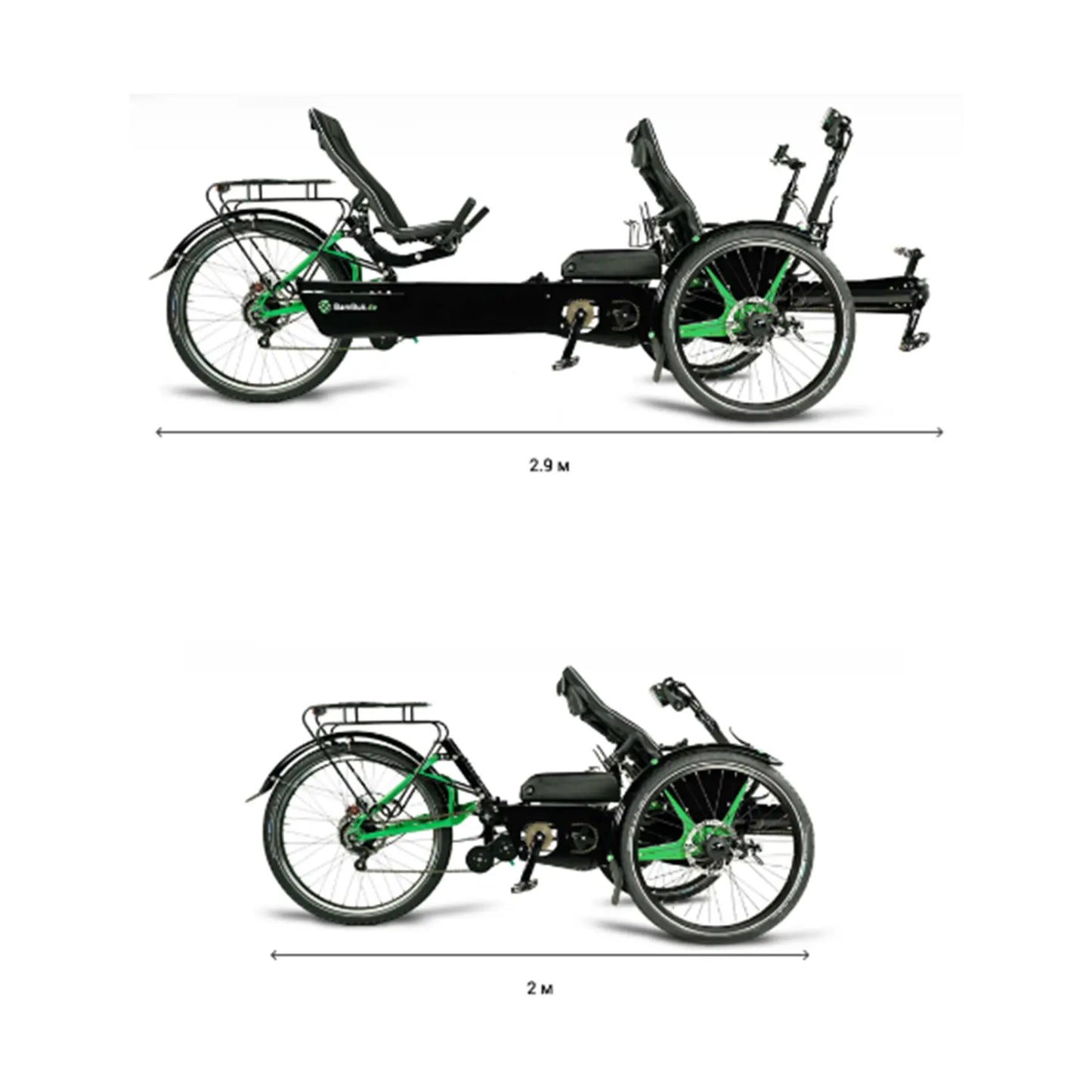 Comparison image the BamBuk Independent Bosch Performance CX Recumbent Tandem Trike extended for riding versus collapsed in it's shortest position for transport with the rear zseat removed.