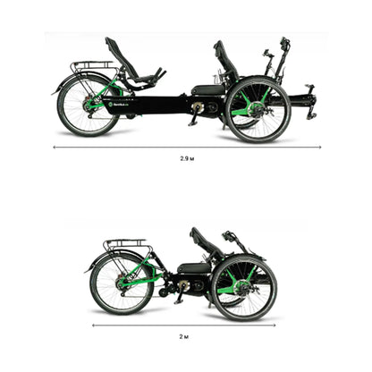Comparison image the BamBuk Independent Bosch Performance CX Recumbent Tandem Trike extended for riding versus collapsed in it's shortest position for transport with the rear zseat removed.