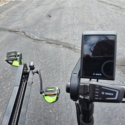 Closeup view of the Bosch controls on the BamBuk Independent Bosch Performance CX Recumbent Tandem Trike in the Hostel Shoppe parking lot.