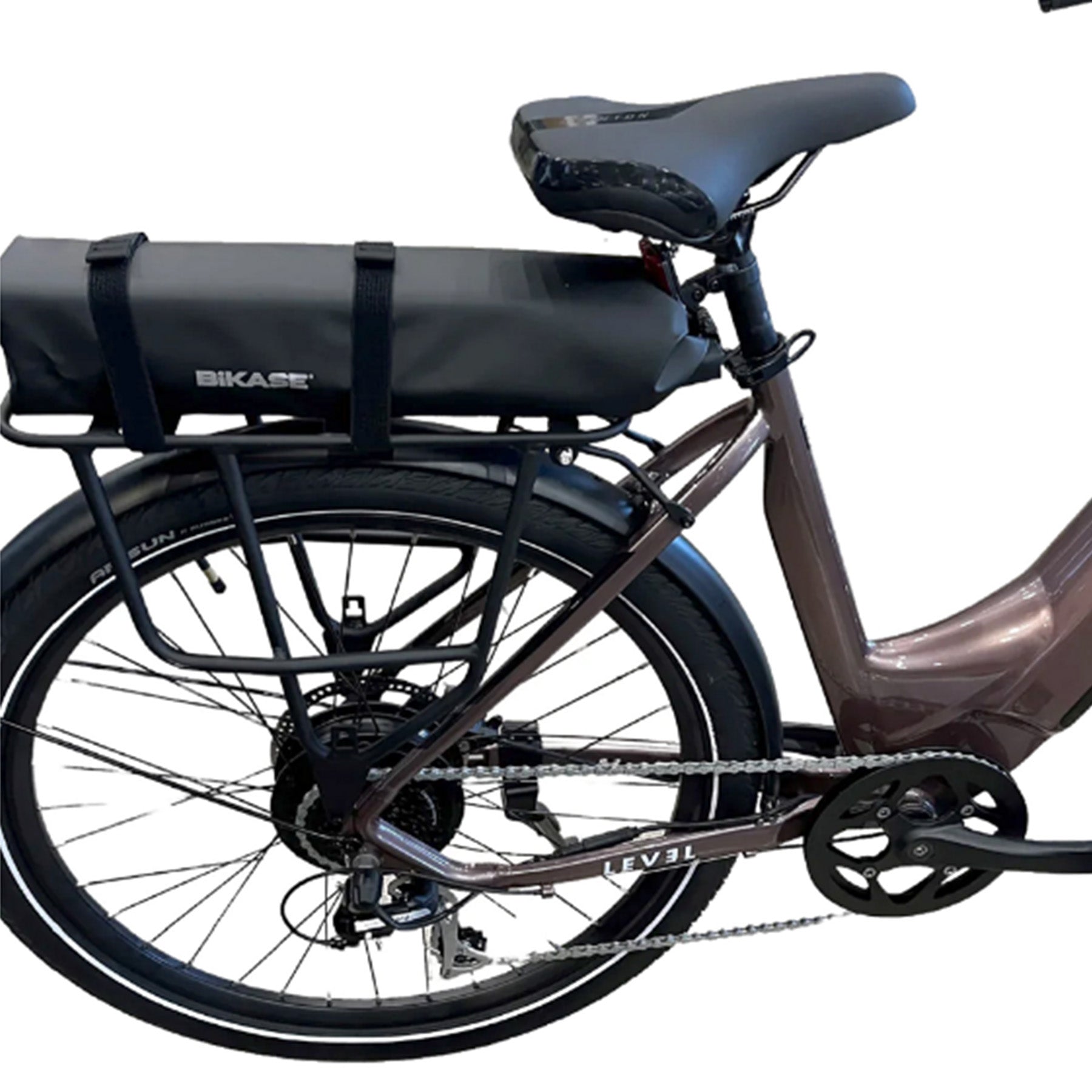 The BiKASE e-Bike Large Battery Bag in black mounted on a rear rack on a bicycle against a white background.