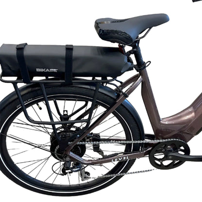 The BiKASE e-Bike Large Battery Bag in black mounted on a rear rack on a bicycle against a white background.