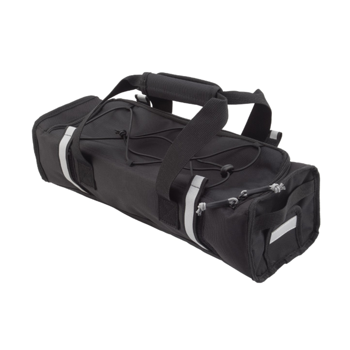 Black battery bag with a handle and reflective Velcro rack straps against a white background.