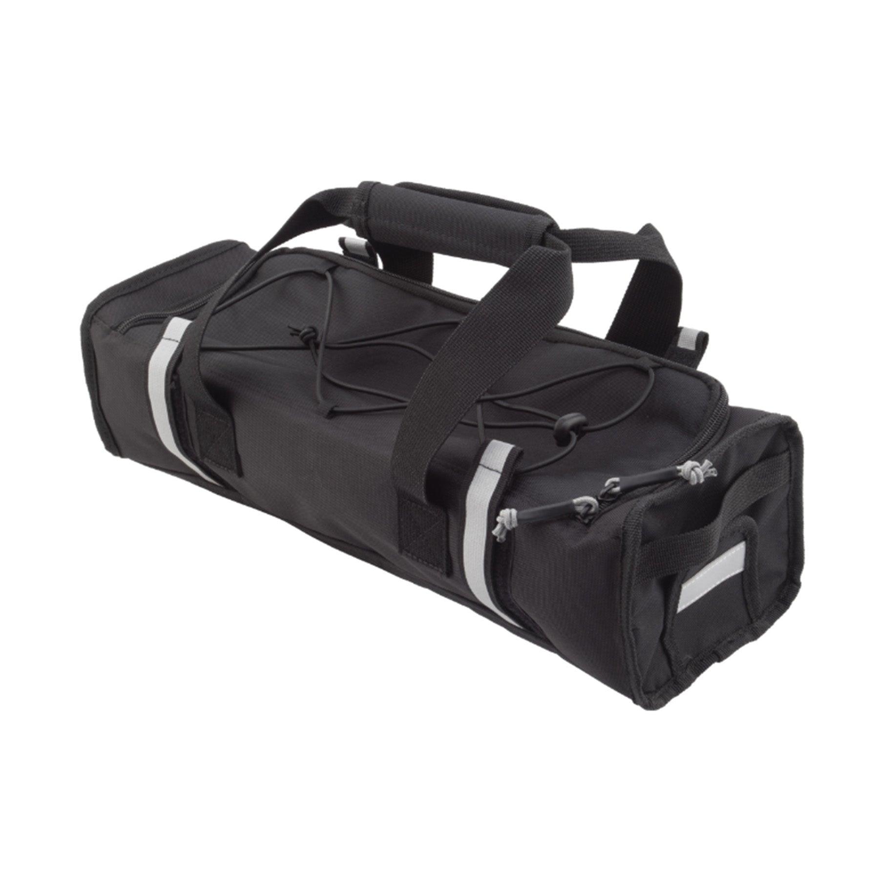Black battery bag with a handle and reflective Velcro rack straps against a white background.