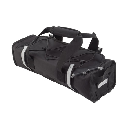 Black battery bag with a handle and reflective Velcro rack straps against a white background.
