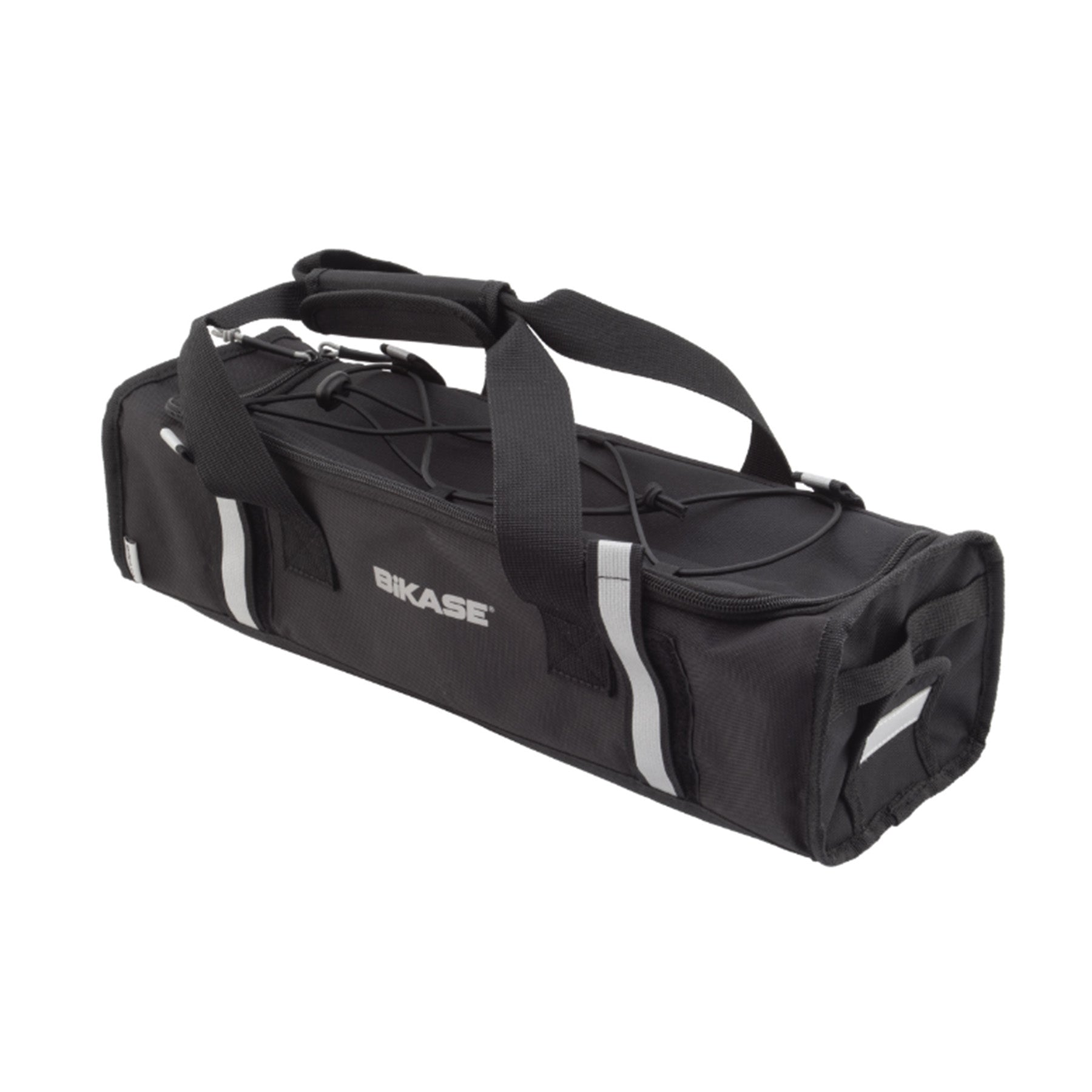 Black battery bag with "BiKASE" branding in reflective silver with a handle and reflective Velcro rack straps against a white background.