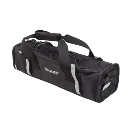 Black battery bag with "BiKASE" branding in reflective silver with a handle and reflective Velcro rack straps against a white background.