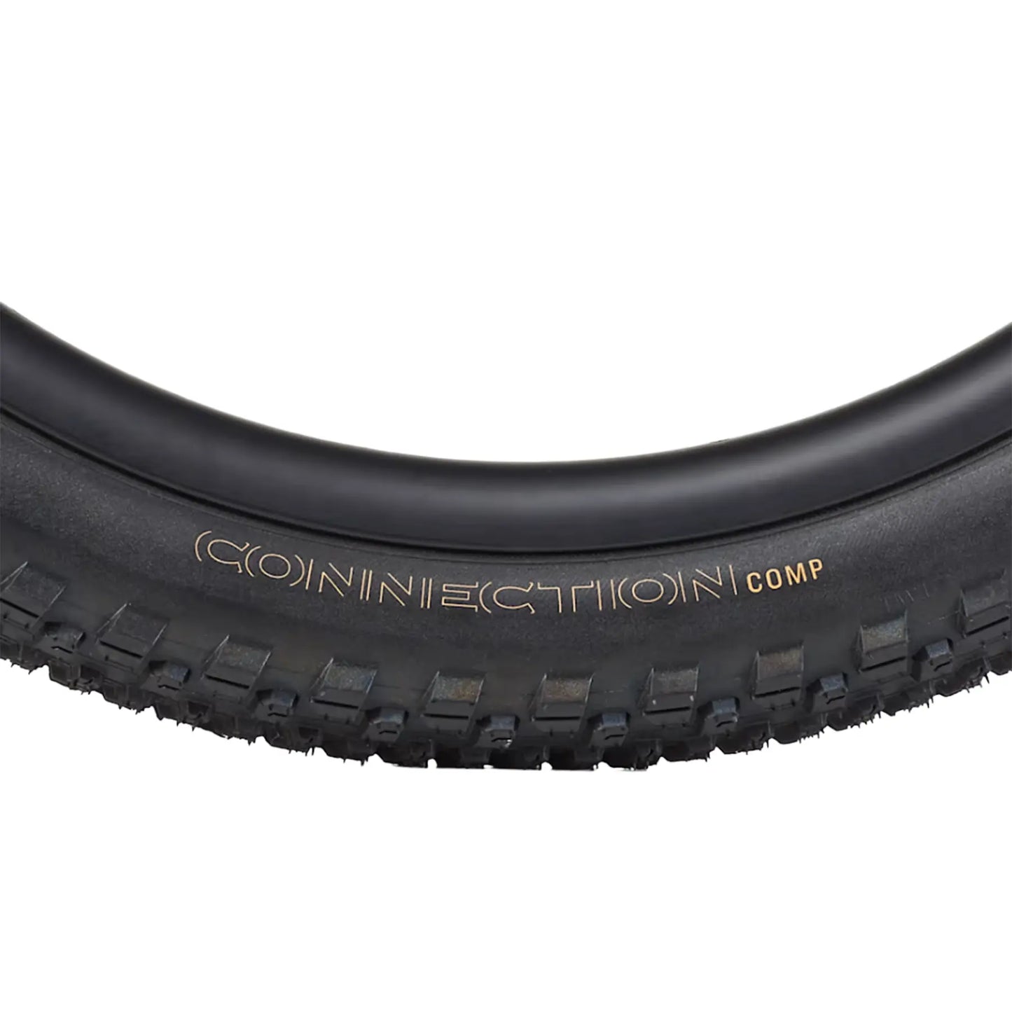 Closeup view of the side profile of the Bontrager Connection Comp Black Tire 20 x 2.0 inch (50-406mm) against a white background.