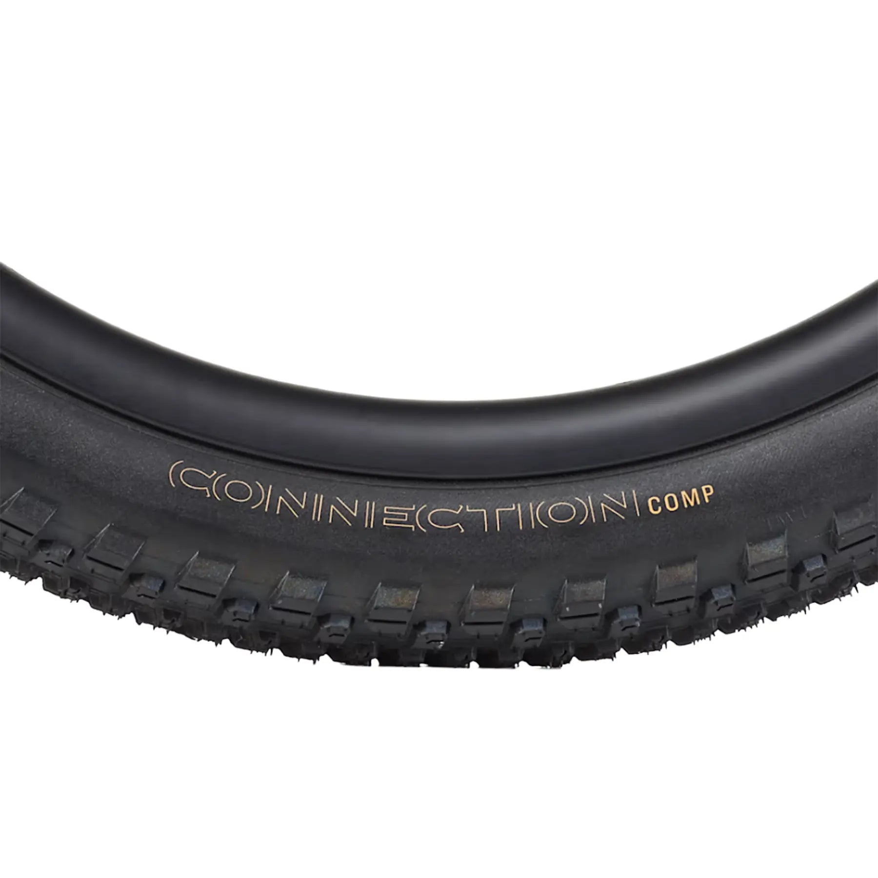Closeup view of the side profile of the Bontrager Connection Comp Black Tire 20 x 2.0 inch (50-406mm) against a white background.