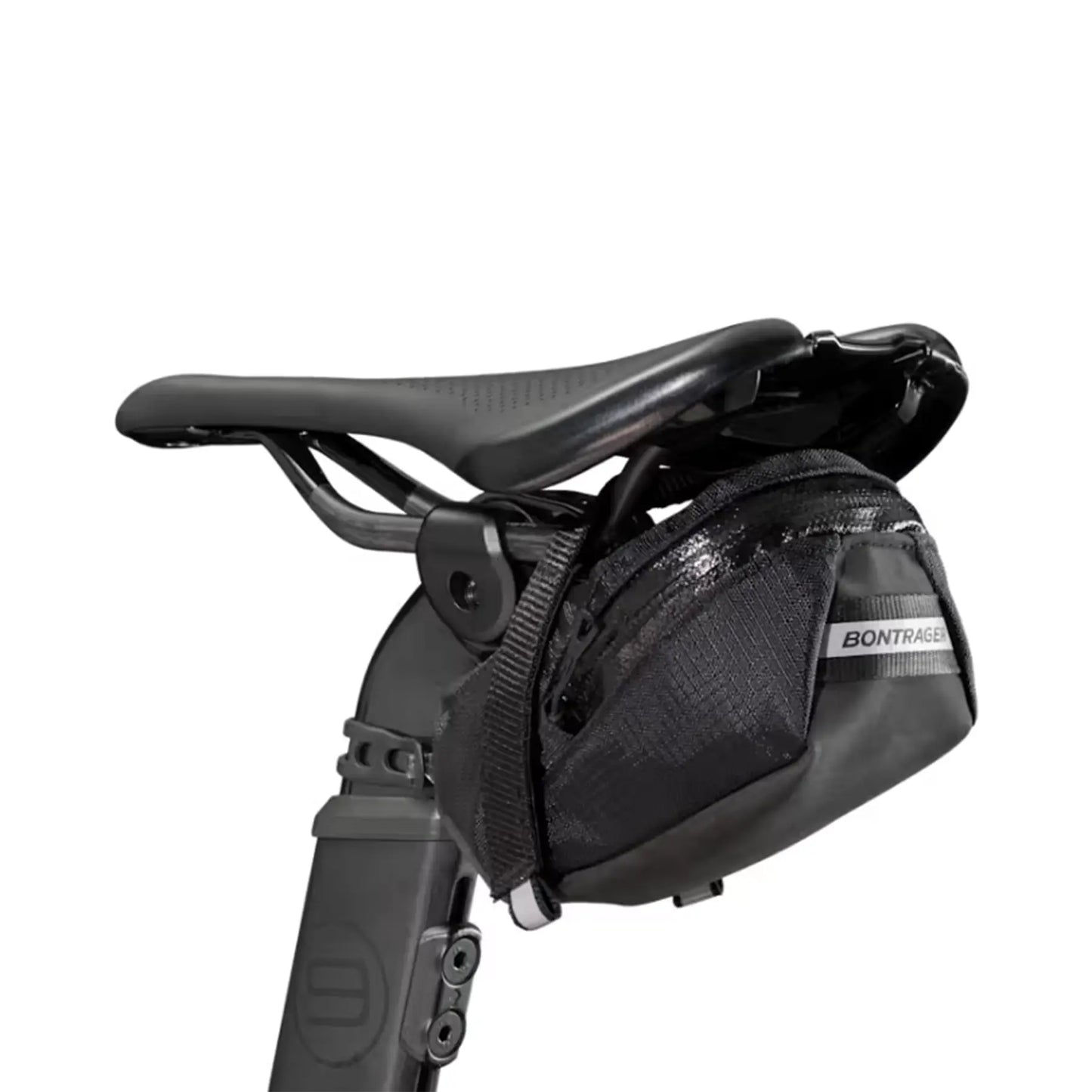 Angled back view of the Bontrager Elite Seat Pack in Black mounted on a bike saddle against a white background.