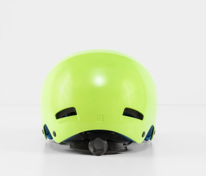 Back view of a green Bontrager Jet Wavecel helmet with black accents on a white background.
