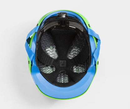 Inside view of a blue and green Bontrager Jet Wavecel helmet with black interior on a white background.