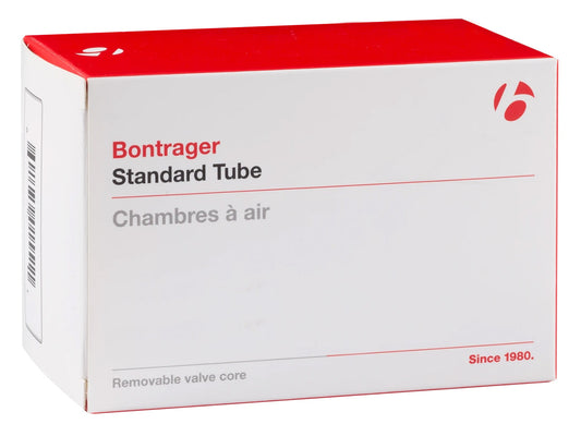 View of the Bontrager Presta Valve Bicycle Tube 29 x 2-2.4 inch (622mm) in a red and white box against a white background.