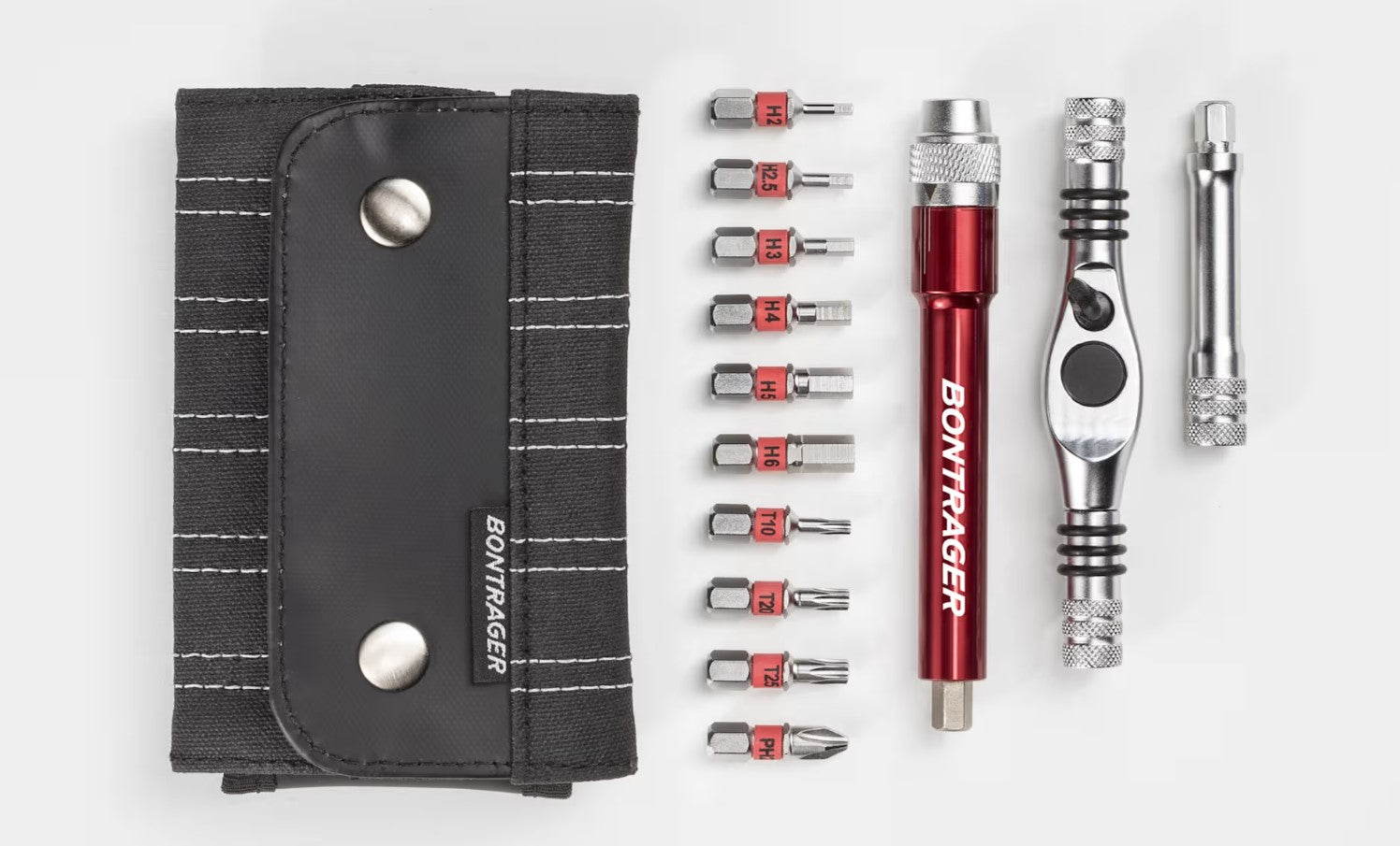 Bontrager Pro Ratchet Multi-Tool bicycle tool kit with bits and a black pouch on a white background.