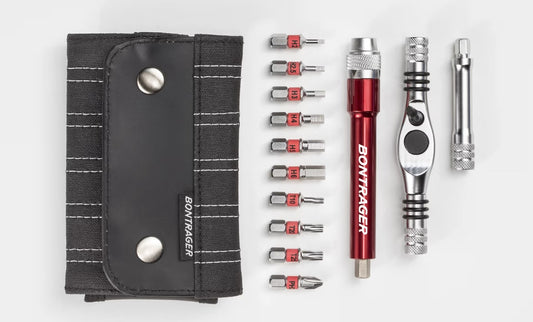 Bontrager Pro Ratchet Multi-Tool bicycle tool kit with bits and a black pouch on a white background.