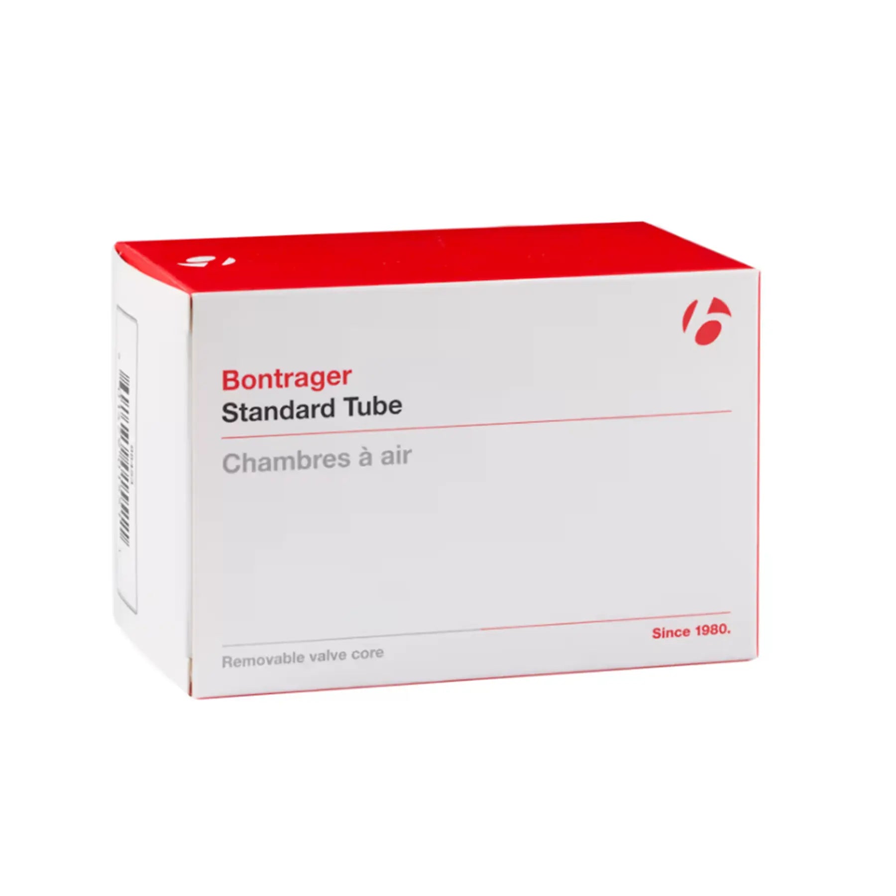 View of the Bontrager Schrader Valve Tube 700c x 28-32mm (622mm) in a white and red box against a white background.