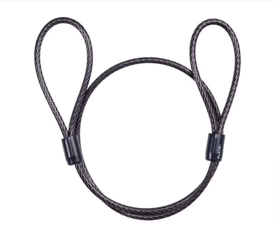 Coiled Bontrager Seat Cable Lock with metal clamps on a white background