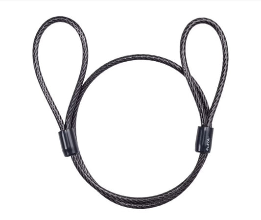 Coiled Bontrager Seat Cable Lock with metal clamps on a white background