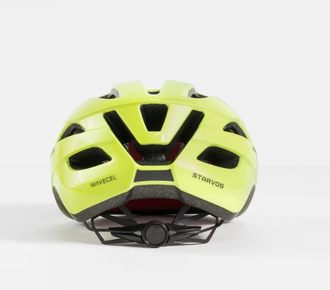 Back view of a radioactive yellow Bontrager Starvos helmet with black accents on a white background.