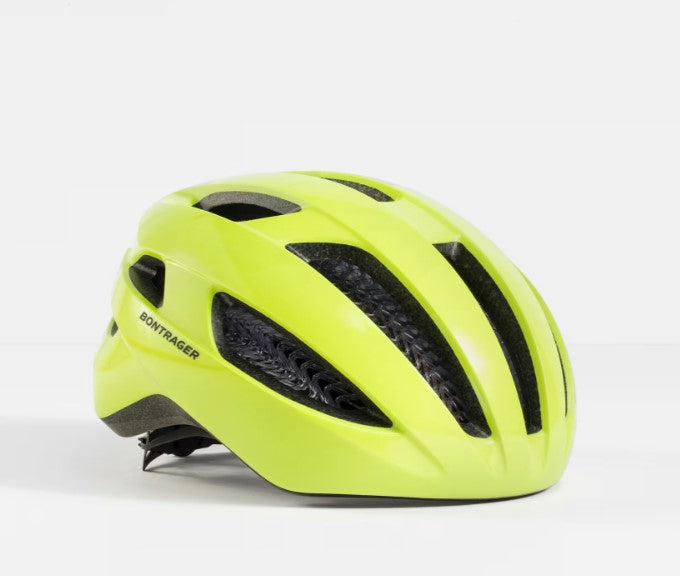 Radioactive yellow Starvos bicycle helmet with 'Bontrager' branding on a white background.