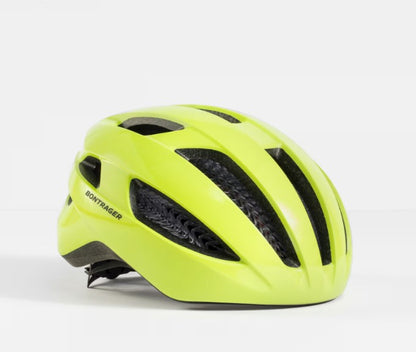 Radioactive yellow Starvos bicycle helmet with 'Bontrager' branding on a white background.