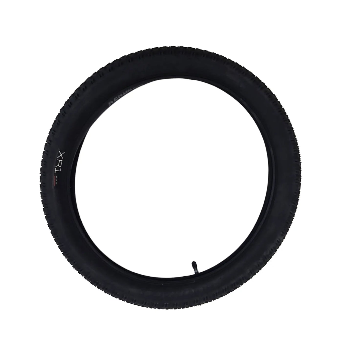 Side view of the Bontrager Take Off XR1 Tire with Schrader Tube 20 x 2.25 inch (57-406mm) inserted in the tire against a white background.