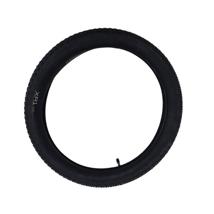 Side view of the Bontrager Take Off XR1 Tire with Schrader Tube 20 x 2.25 inch (57-406mm) inserted in the tire against a white background.