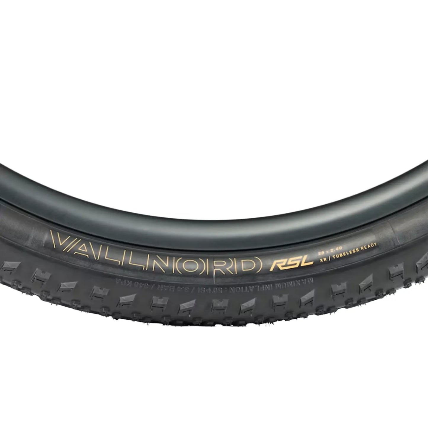 Closeup side profile of the Bontrager Vallnord RSL XR TLR MTB Tire 29 x 2.40 inch (61-622mm) in black against a white background.